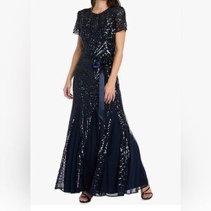 RM Richards Navy Sequin Mesh Gown with Cap Sleeves, size 12